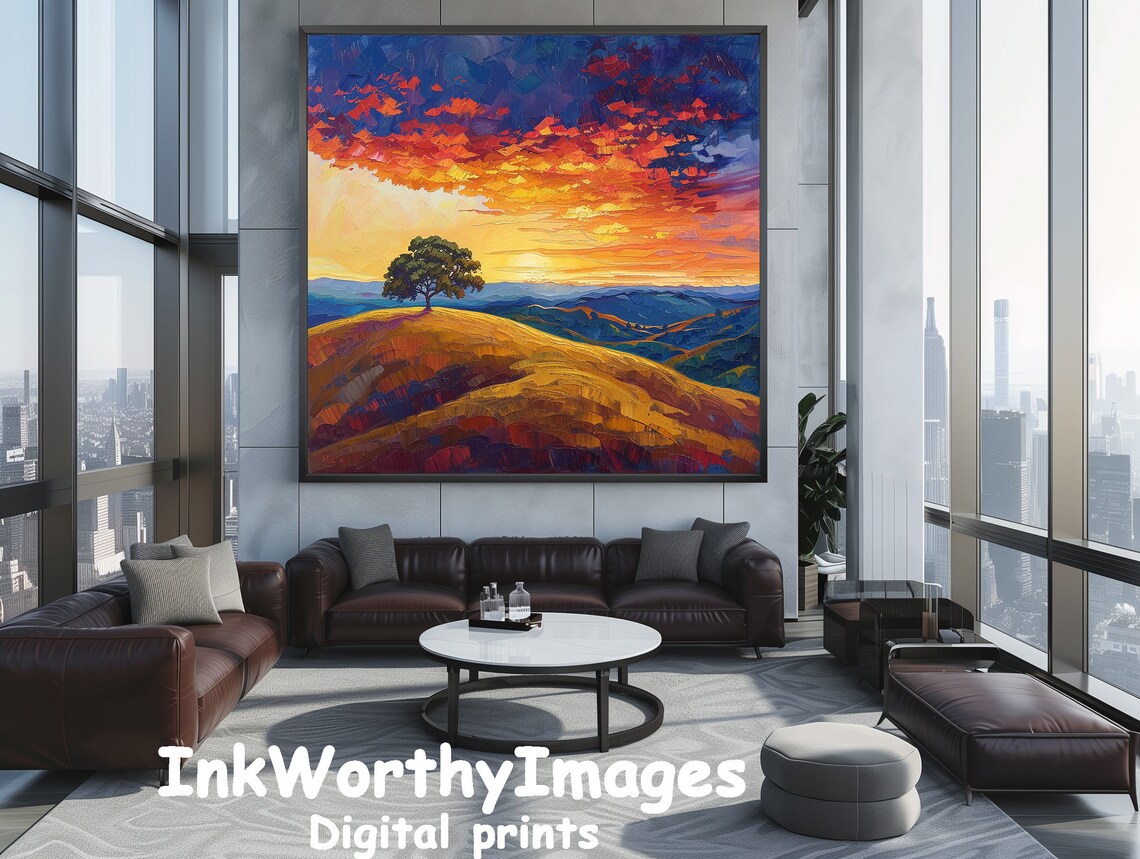 Vibrant Sunset Landscape, Colorful Tree Hill - Image 5