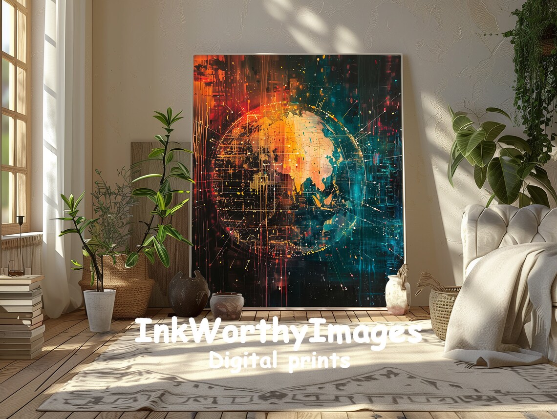 World Map, Abstract Futuristic Global Art - Image 5