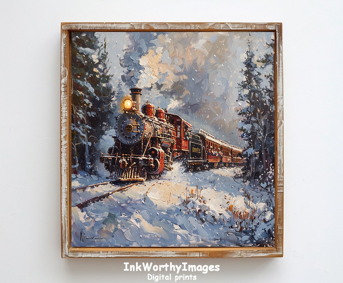 Winter Train Scene, Vintage Steam Locomotive Decor - Image 6