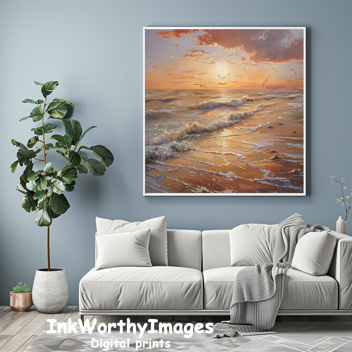 Sunset Beach Scene, Tranquil Ocean Waves Art - Image 3