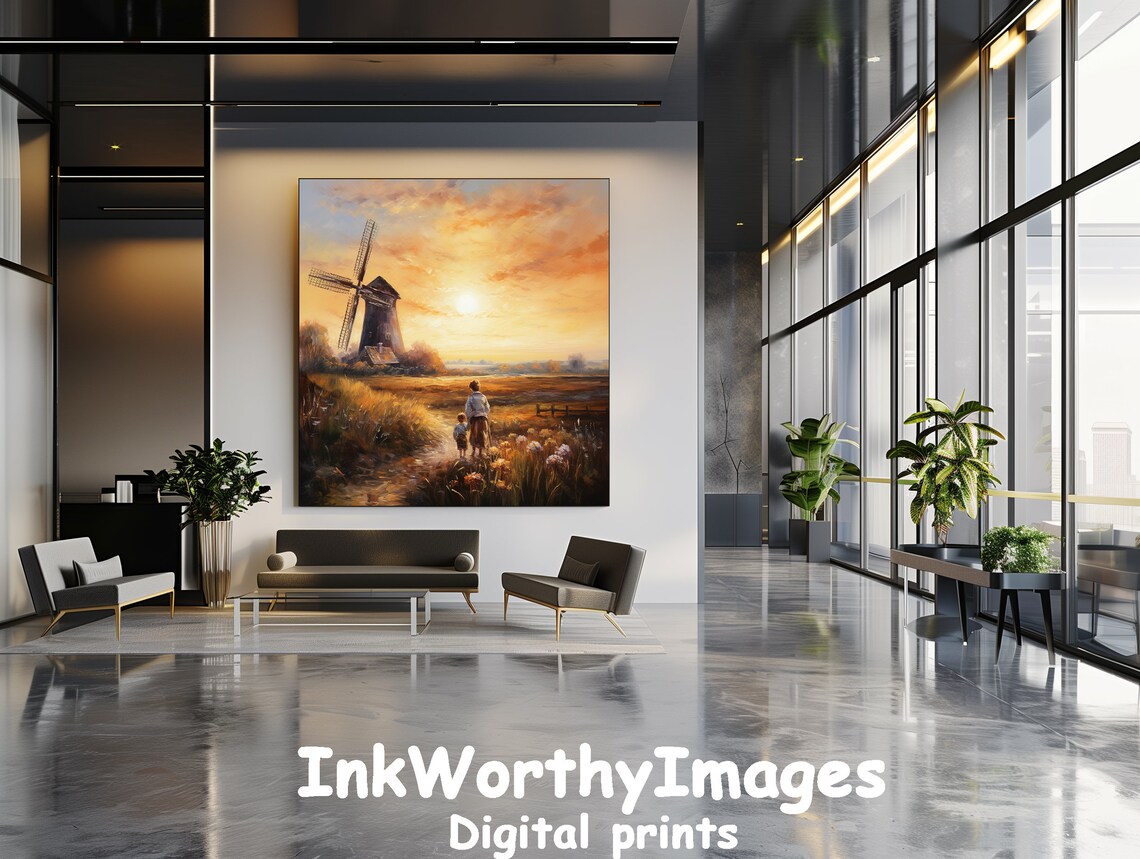 Windmill Sunset Painting, Rustic Landscape - Image 4