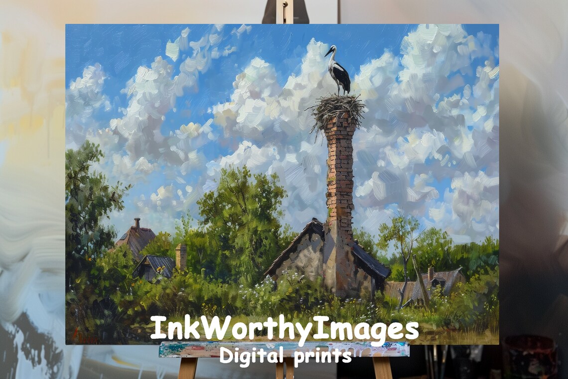 Serene Stork Nest On Chimney, Rustic Nature Scene