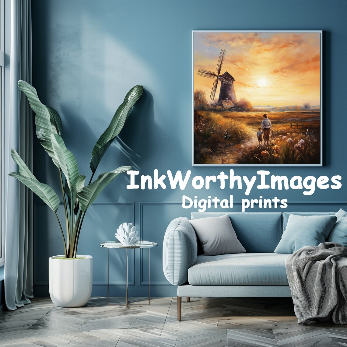 Windmill Sunset Painting, Rustic Landscape - Image 5