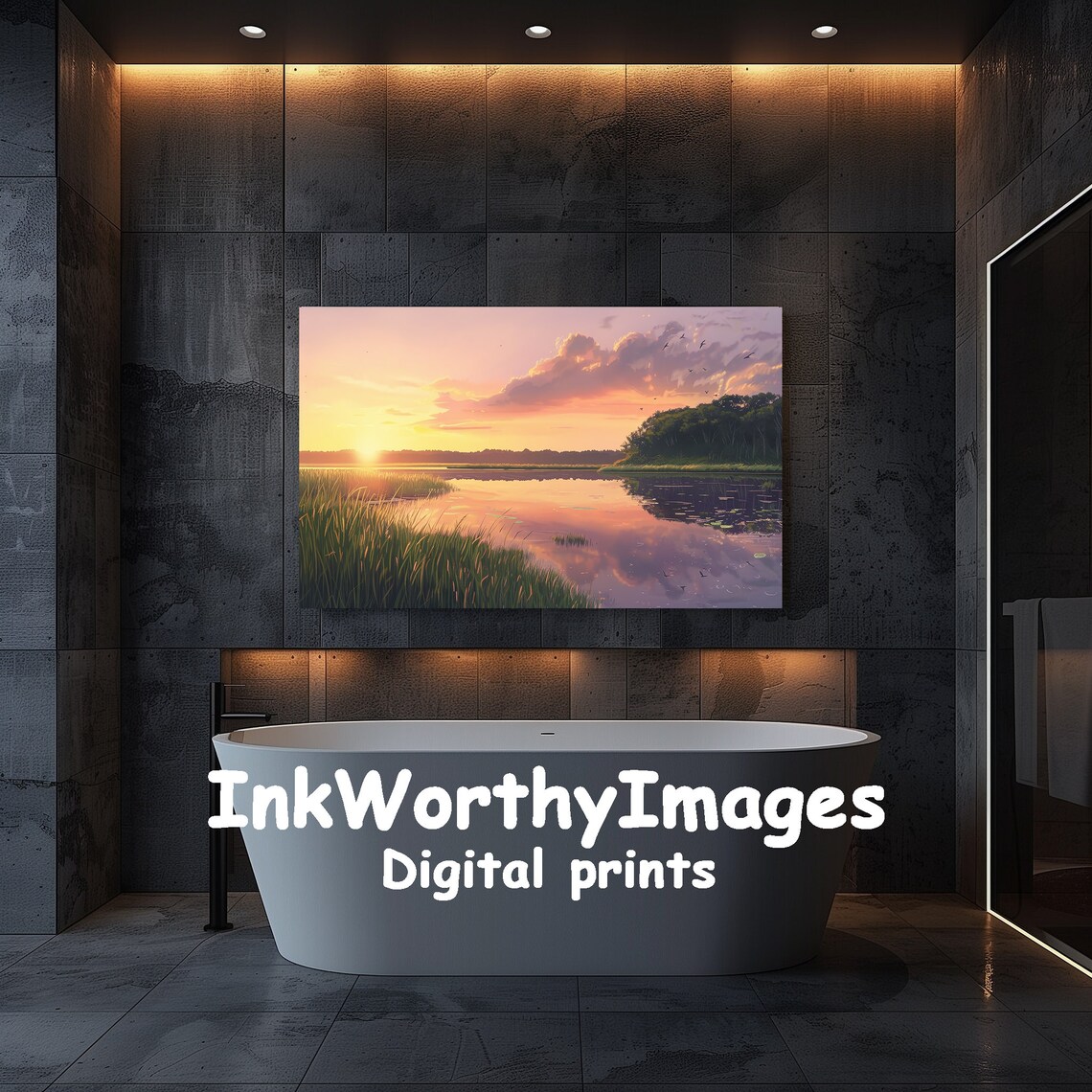 Tranquil Sunset Over Marshlands, Serene Waterscape - Image 5