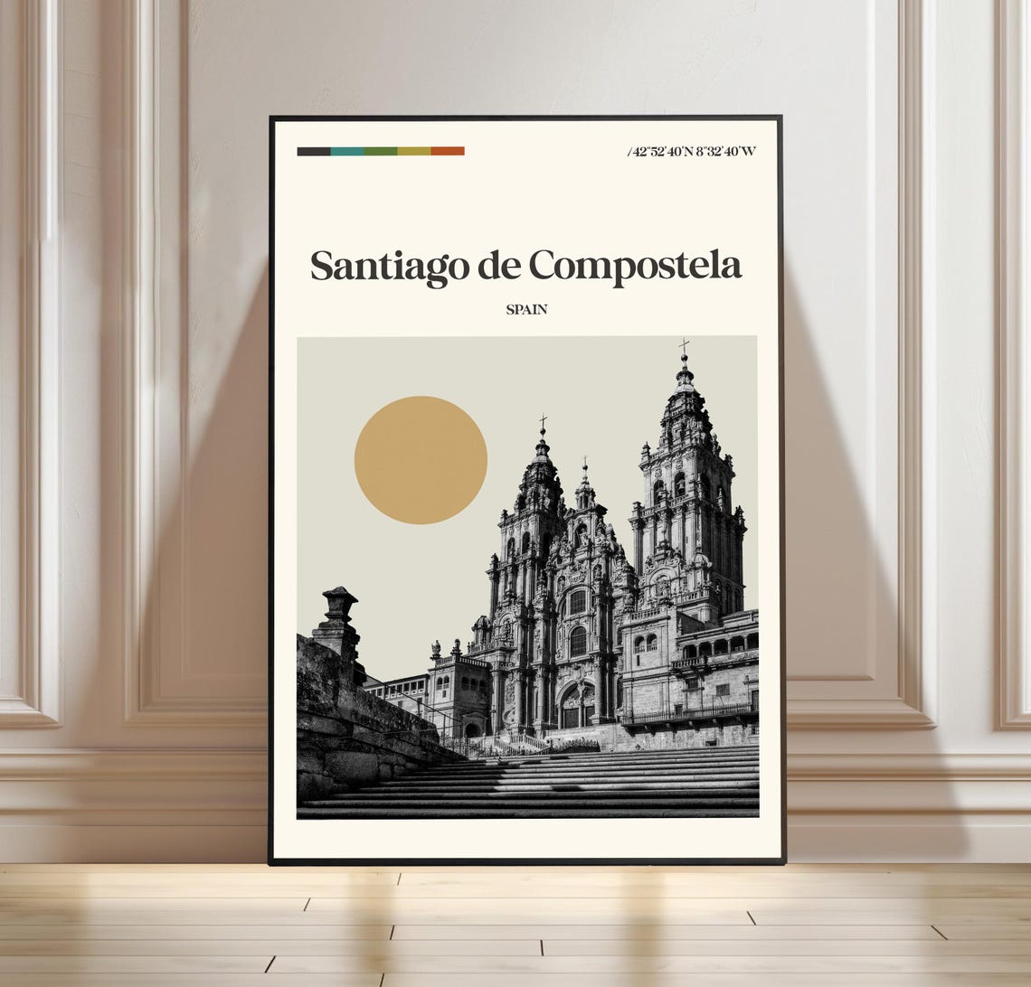 Vintage Santiago De Compostela Spain Cathedral Pilgrim Travel Poster