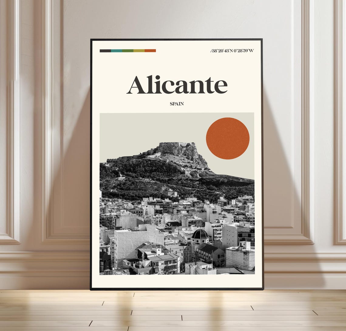 Alicante Spain Minimalist Travel Poster Castle Hill Cityscape Art
