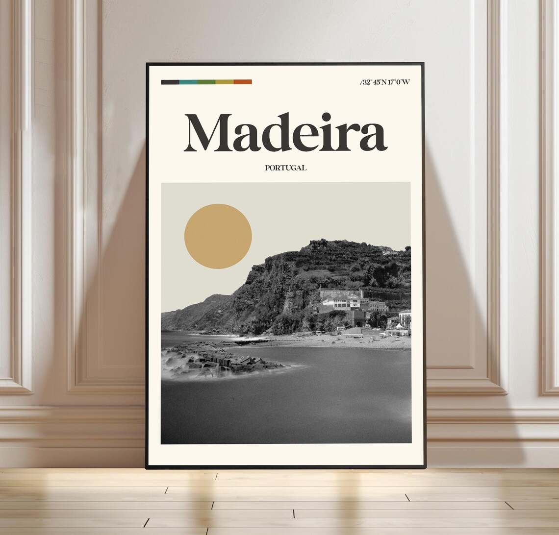 Madeira Portugal Coast Minimalist Travel Poster with Gold Sun Circle