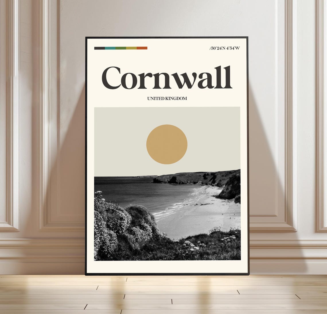 Cornwall England Coastline Vintage Black and White Travel Poster