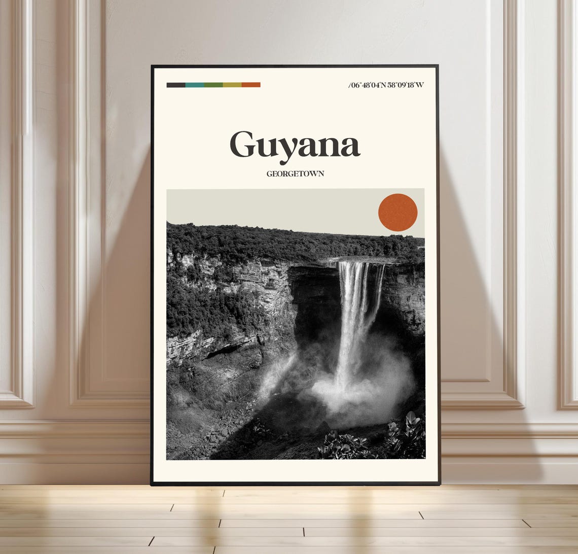 Guyana Georgetown Tropical Waterfall Jungle Retro Travel Poster