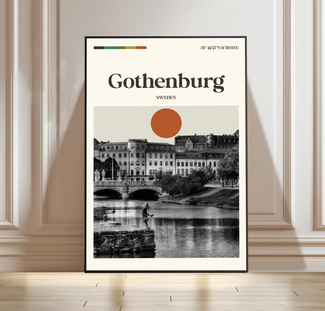 Gothenburg Sweden Vintage Black and White Canal Bridge Poster