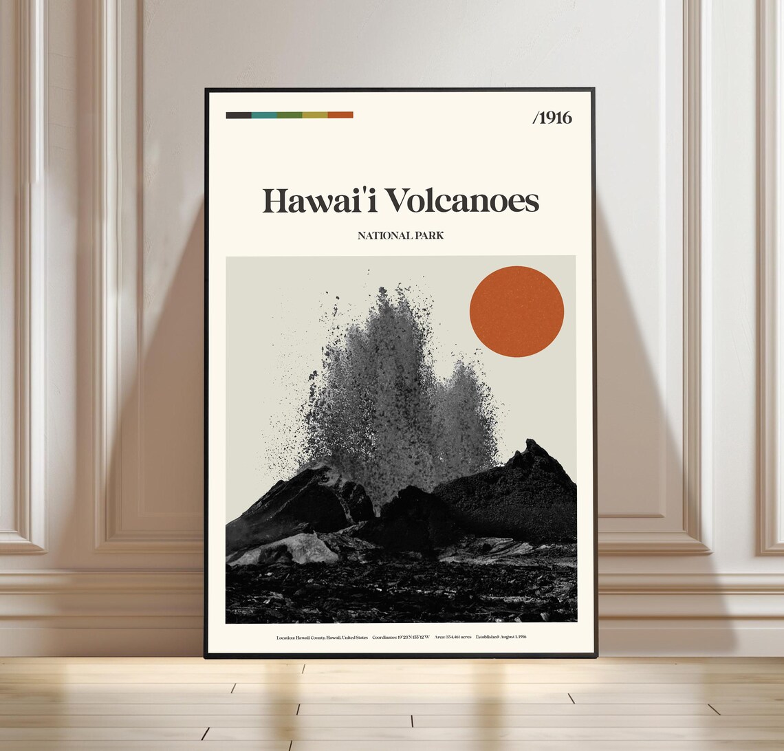 Hawaii Volcanoes National Park Erupting Lava Black White Vintage Travel Poster