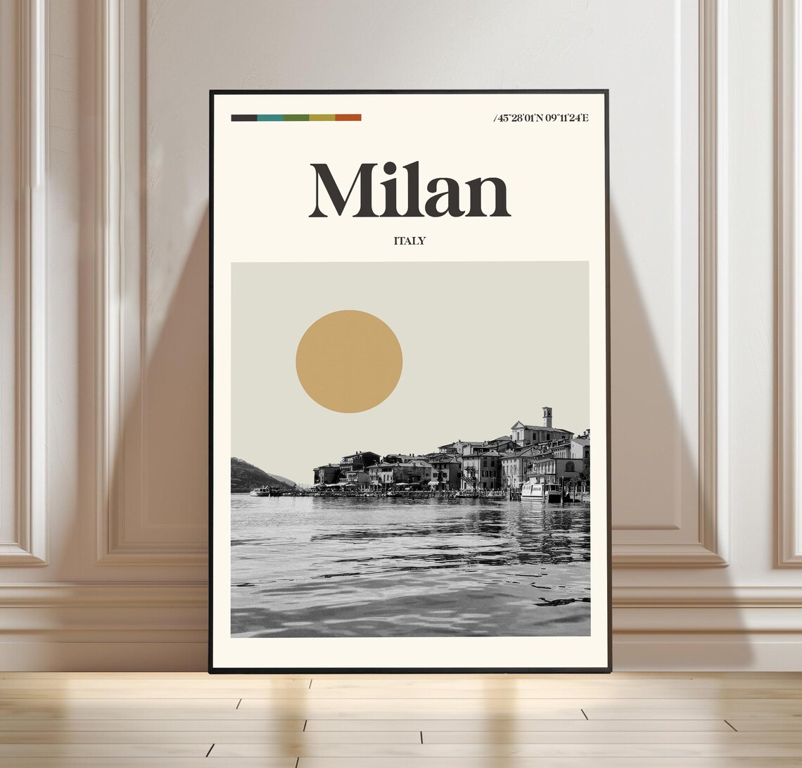 Milan Italy Lakeside Old Town Vintage Black And White Travel Poster