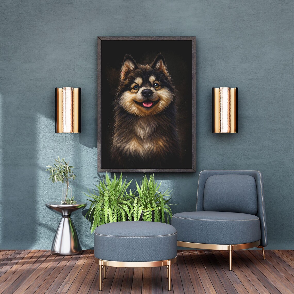 Smiling Finnish Lapphund Nordic Dog Black Background Portrait Poster - Image 3