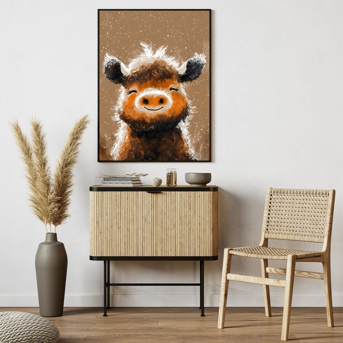 Fluffy Highland Cow Smiling Portrait Rustic Brown Cow Animal Poster - Image 2