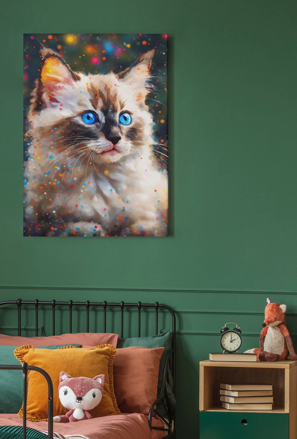 Fluffy Kitten Portrait Striking Blue Eyes Colorful Dots Cute Wall Print - Image 4