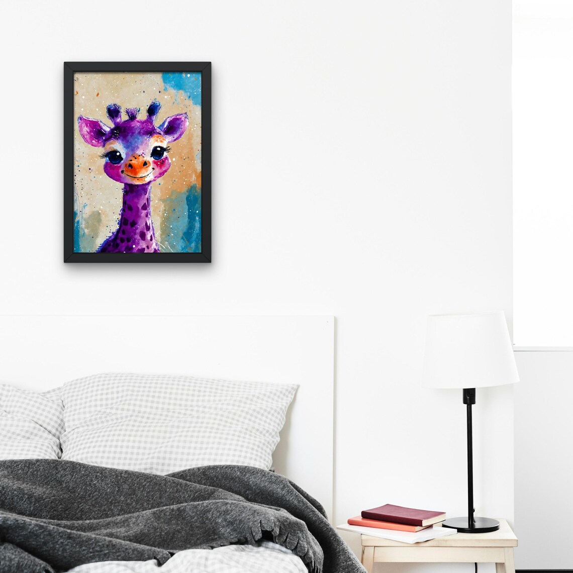 Cute Purple Giraffe Big Eyes Portrait Colorful Safari Kids Poster - Image 2