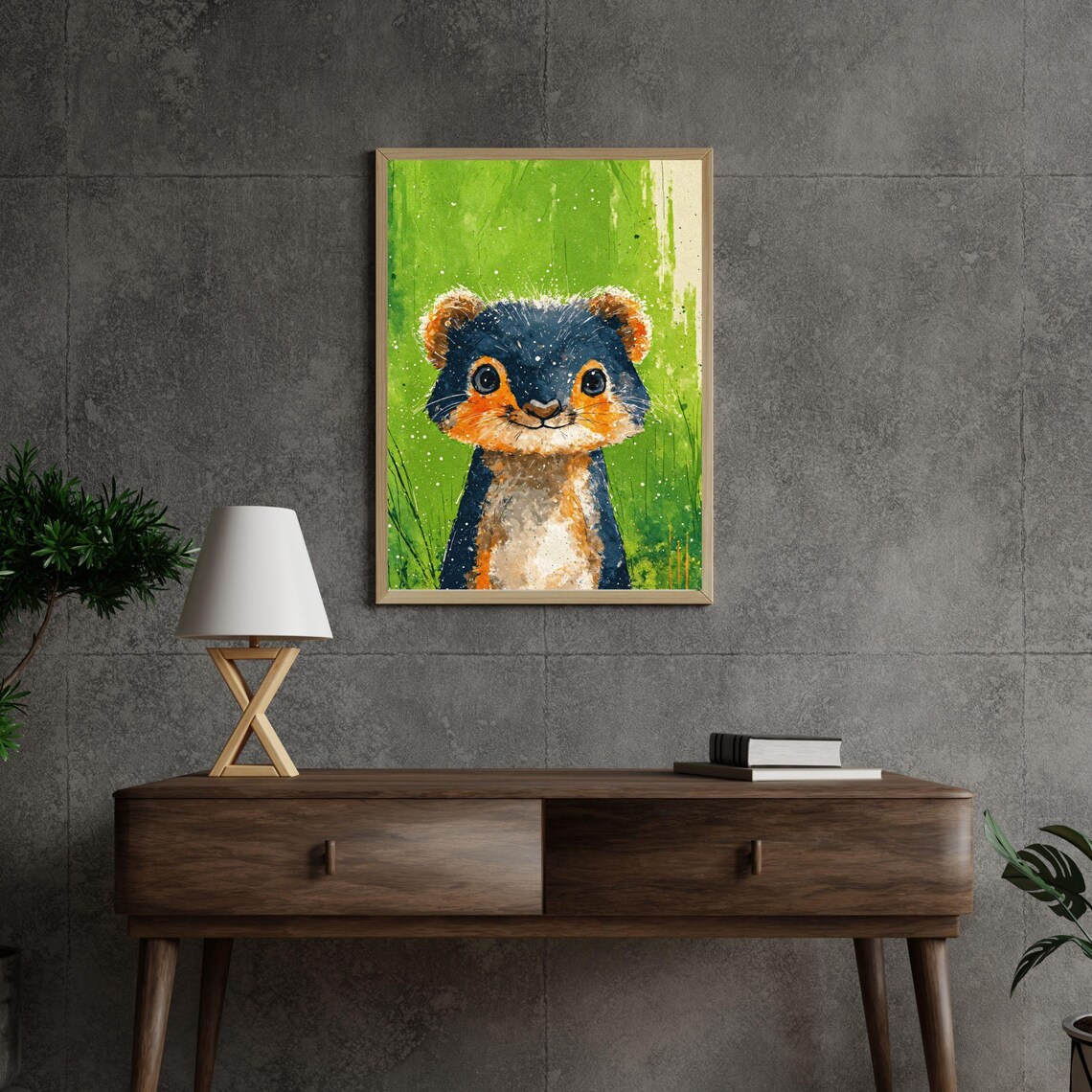 Cute Baby Meerkat Green Splatter Background Nursery Animal Wall Art - Image 3