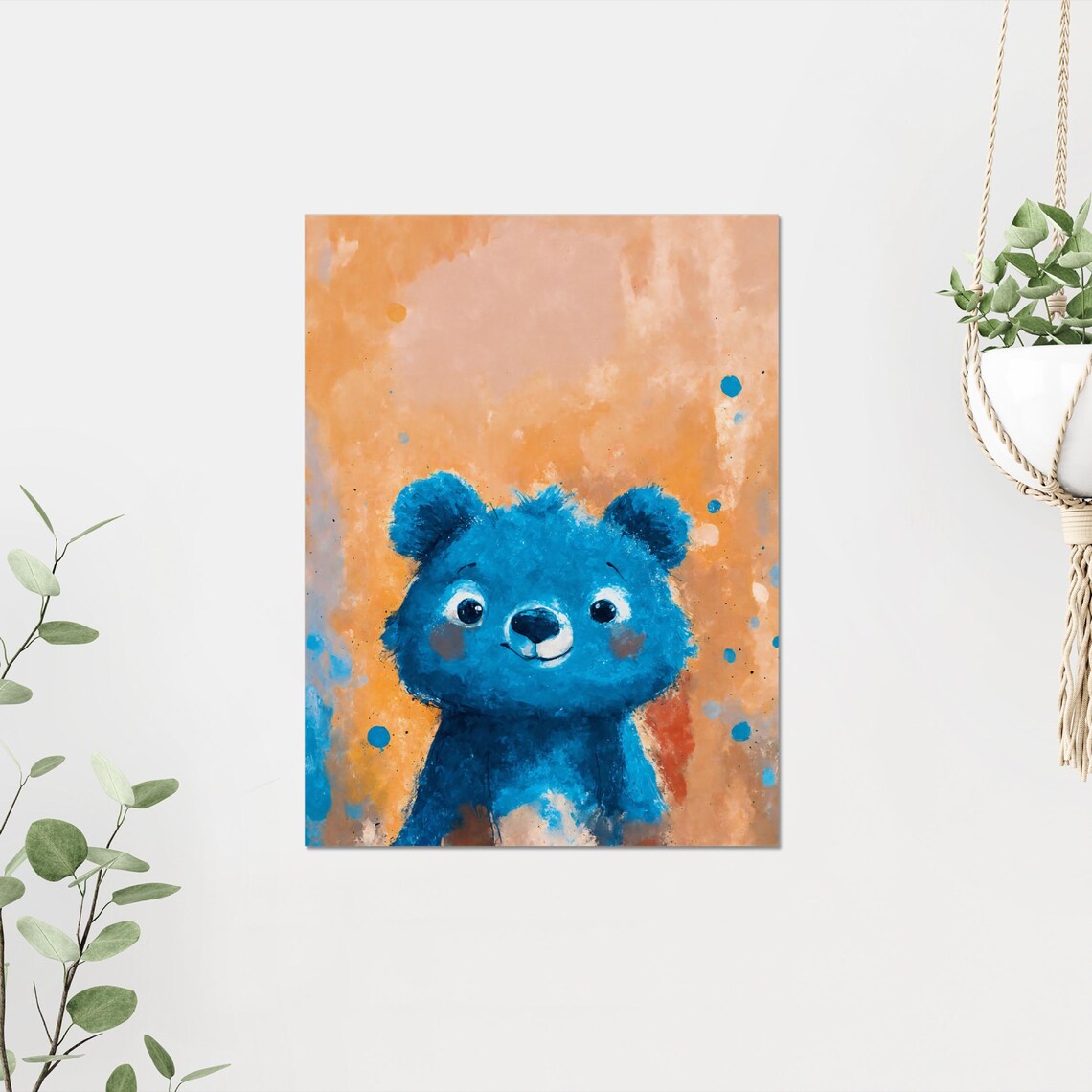 Cute Blue Teddy Bear Portrait Orange Background Kids Room Poster - Image 3