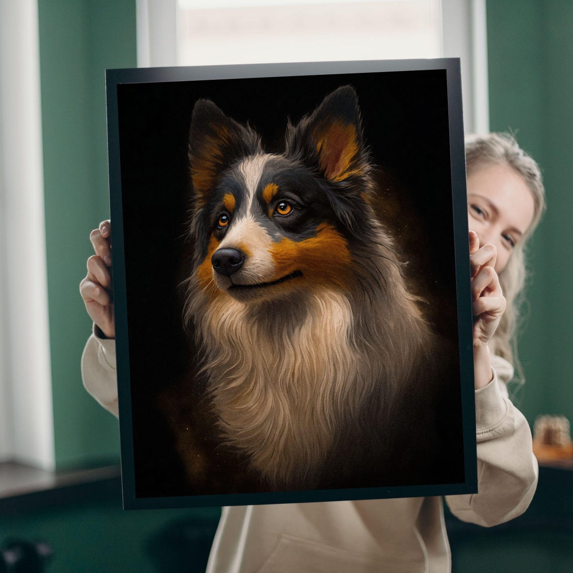 Tri Color Australian Shepherd Portrait Black Background Wall Art - Image 2