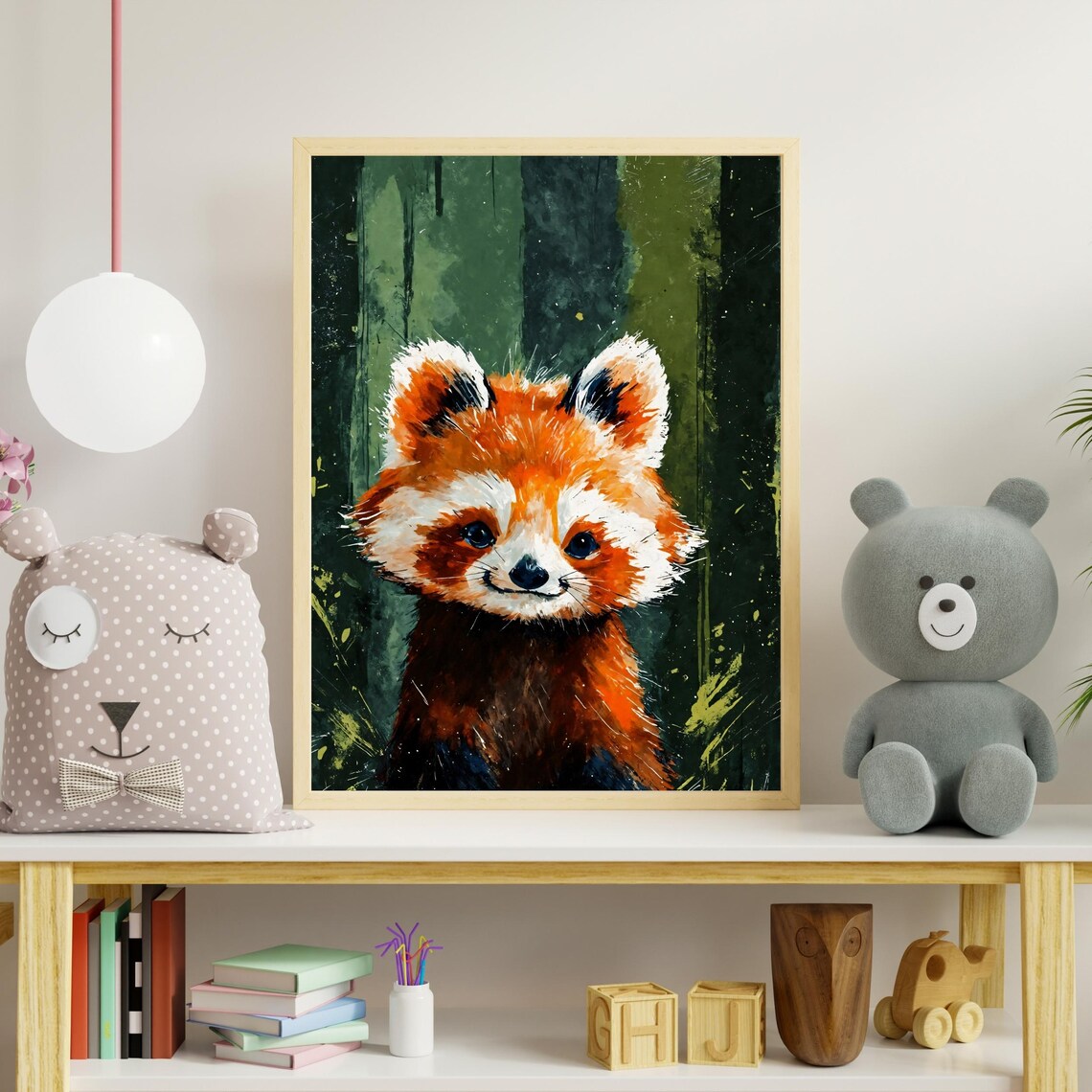 Cute Baby Red Panda Watercolor Portrait Green Forest Nursery Art Print - Image 4