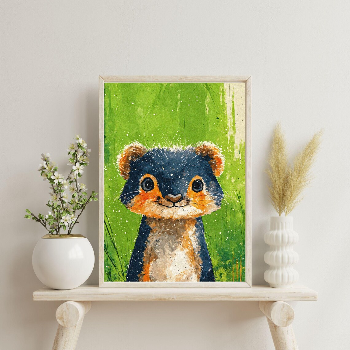 Cute Baby Meerkat Green Splatter Background Nursery Animal Wall Art