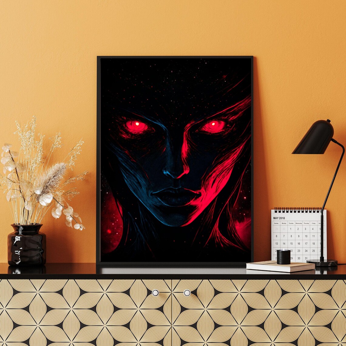 Dark Woman Face With Glowing Red Eyes On Black Cosmic Horror Art Poster - Image 2