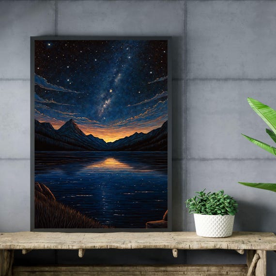 Starry Night Lake Landscape Art Print Milky Way Reflection Mountain Scenery Nature Wall Decor Dreamy Art Unique Gift 8x10 24x36