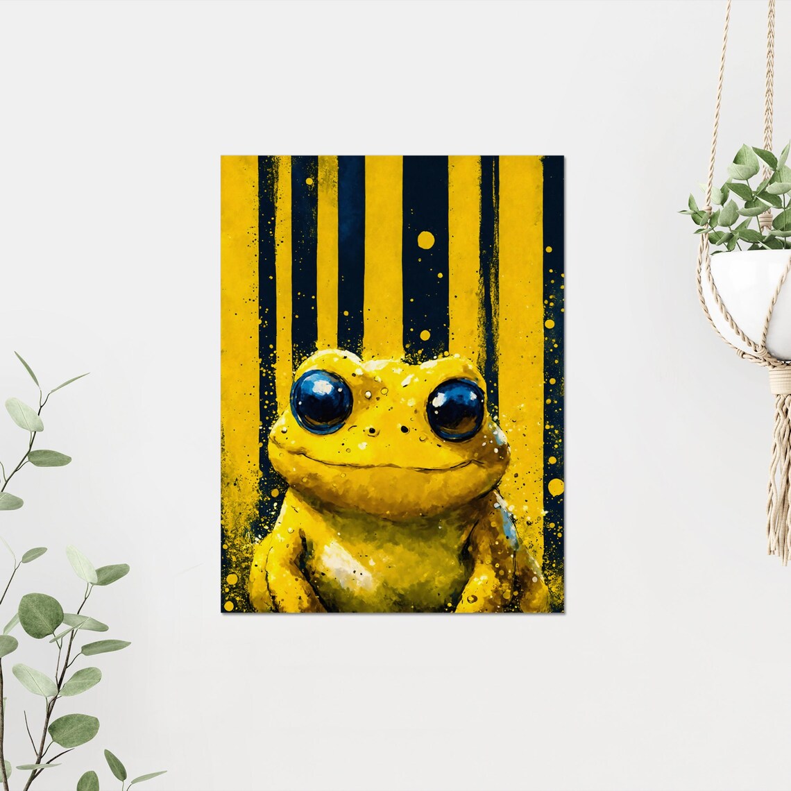 Golden Yellow Frog Big Eyes Portrait Bold Striped Background Poster - Image 4