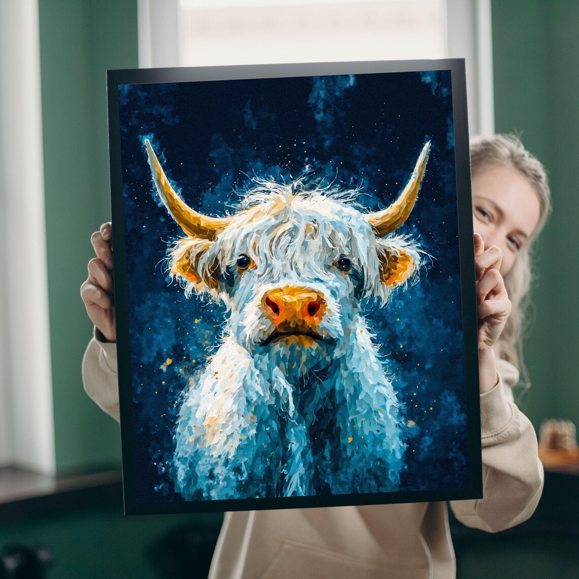 White Highland Cow Watercolor Painting, Rustic Decor - Image 2