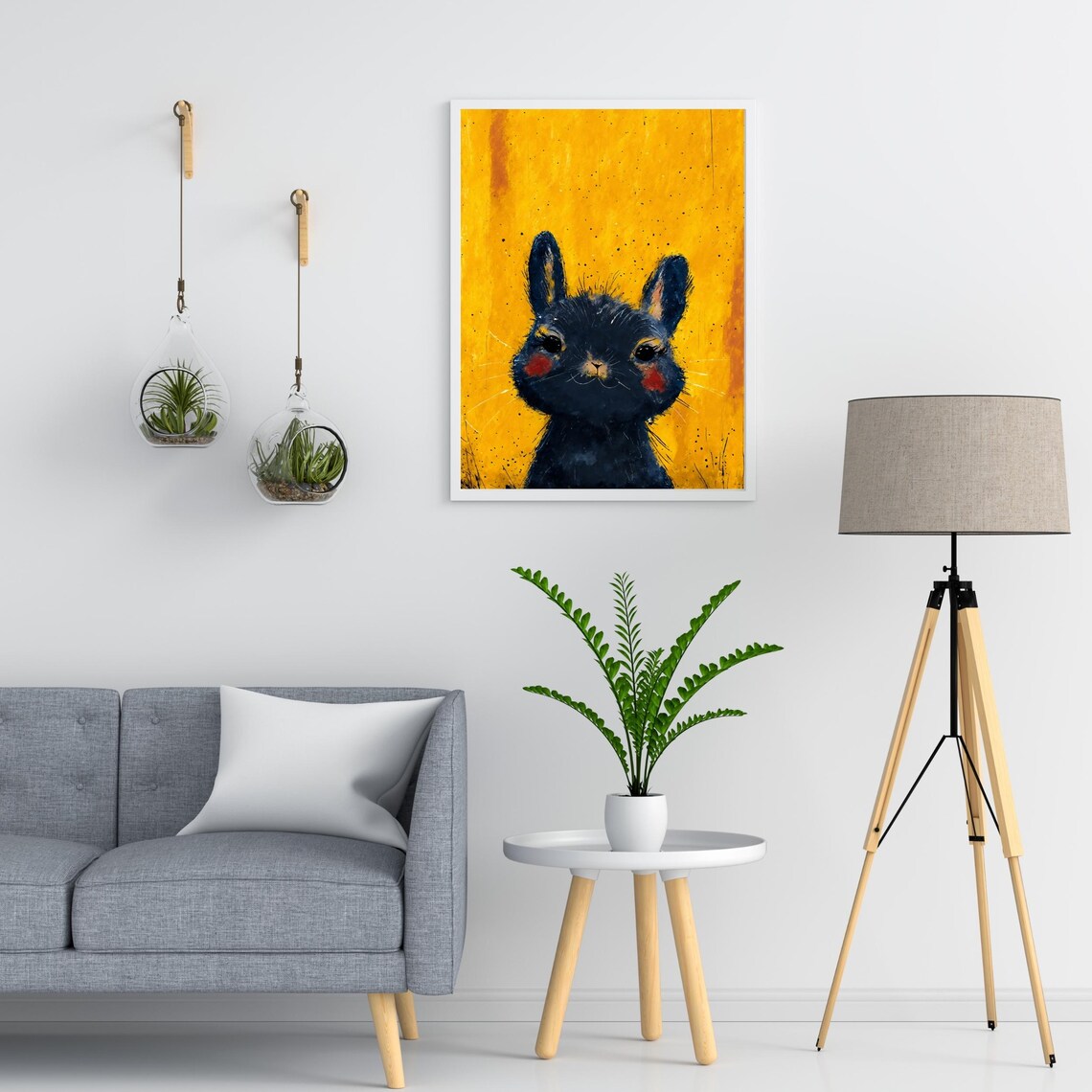 Cute Black Baby Bunny Watercolor Portrait Rosy Cheeks Yellow Art Print - Image 3