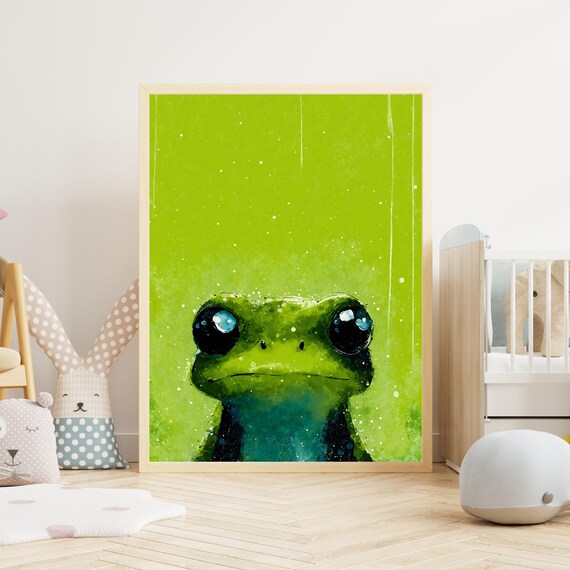 Cute Green Frog Big Eyes Portrait Lime Background Kids Room Poster