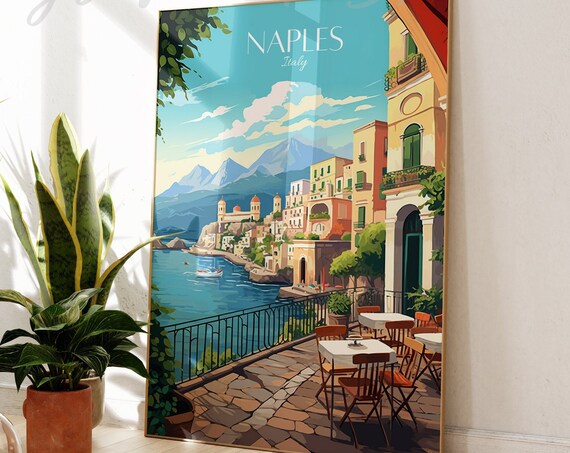 Naples Italy Seaside Cafe Terrace Pastel Town Vintage Travel Poster