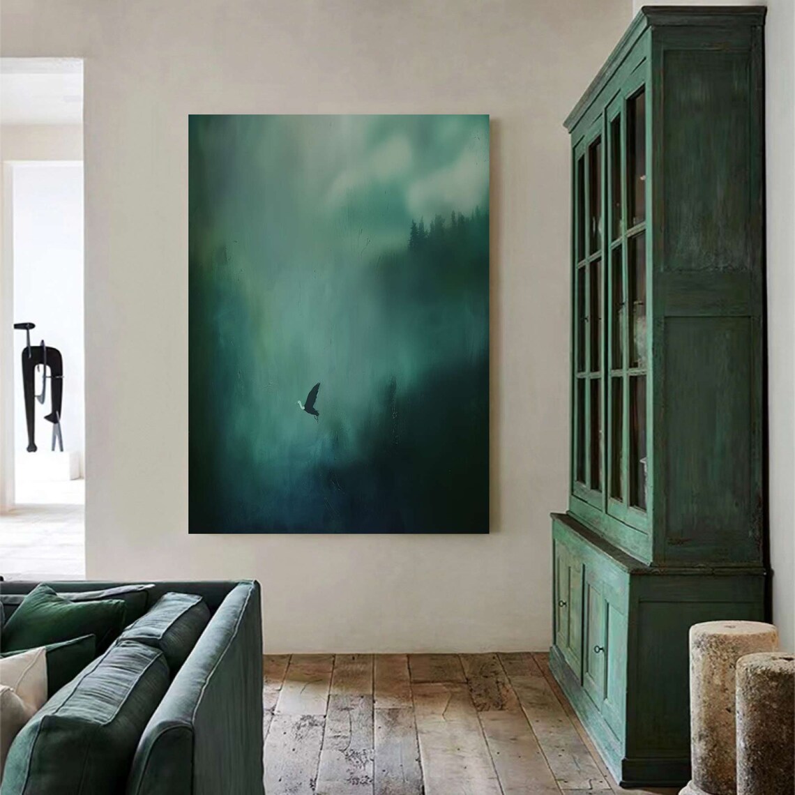 Dark Green Misty Forest Lone Bird Surreal Atmospheric Painting Print - Image 4