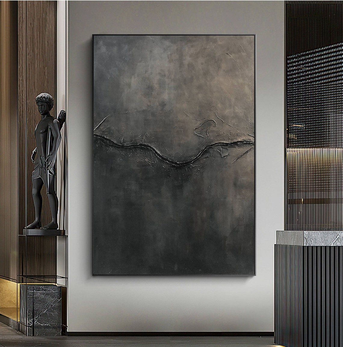 Black Grey Textured Horizon Line Wabi Sabi Dark Abstract Print - Image 3