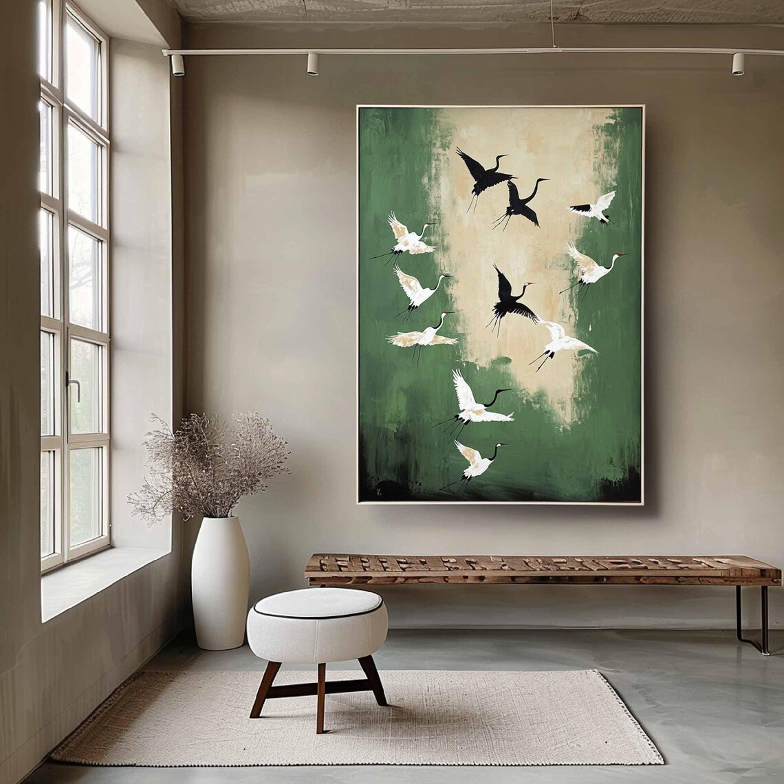 Birds Abstract Painting Green Oil Painting Beige Wabisabi Wall Art Green Beige Abstract Painting Neutral Wall Decor Green Beige Wall Art - Image 3