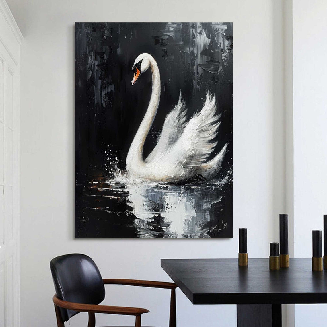 Majestic White Swan Wings Raised on Black Dramatic Oil Art Poster - Image 2