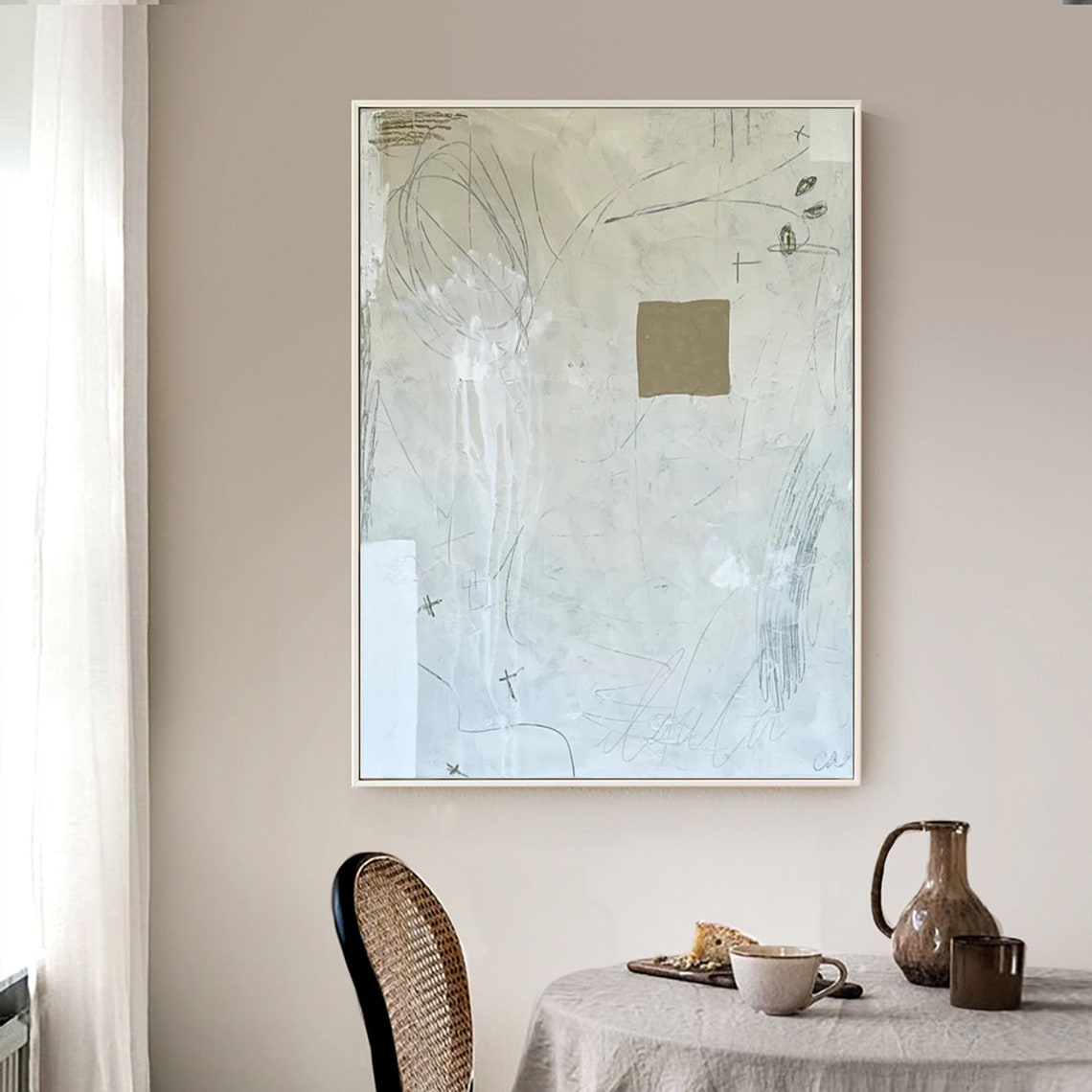Soft Beige Abstract With Gold Square Scribble Line Art Poster - Image 3