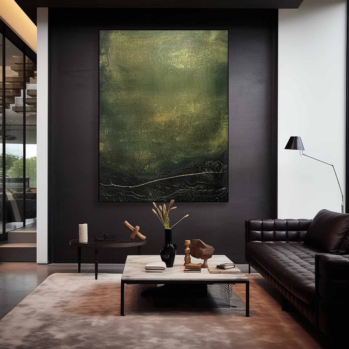 Olive Moss Green Over Black Moody Earthy Abstract Painting Poster - Image 3