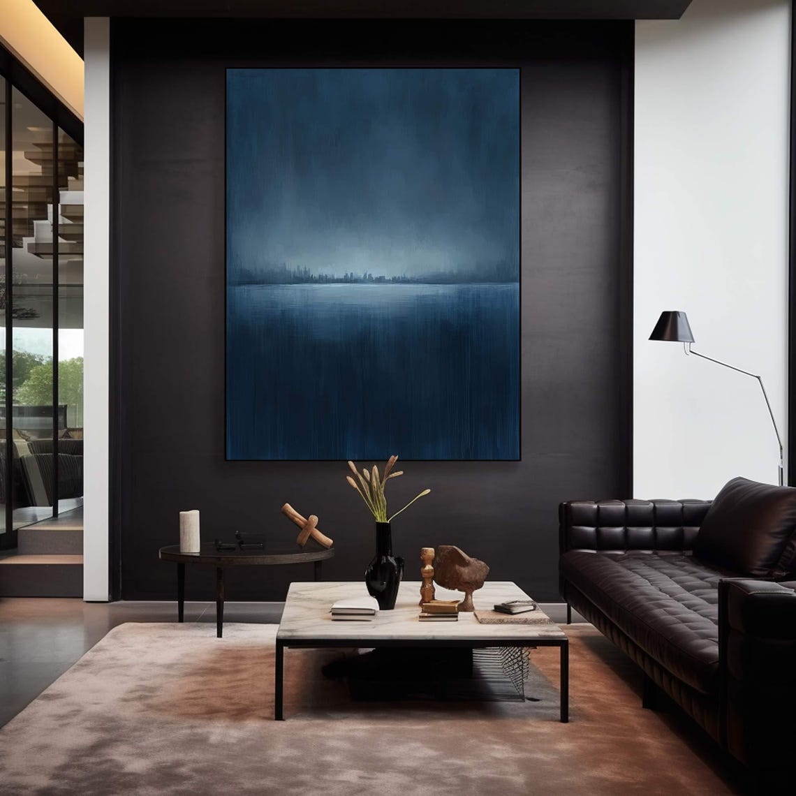 Midnight Blue Abstract Seascape Painting Soft Gradient Modern Wall Art - Image 2