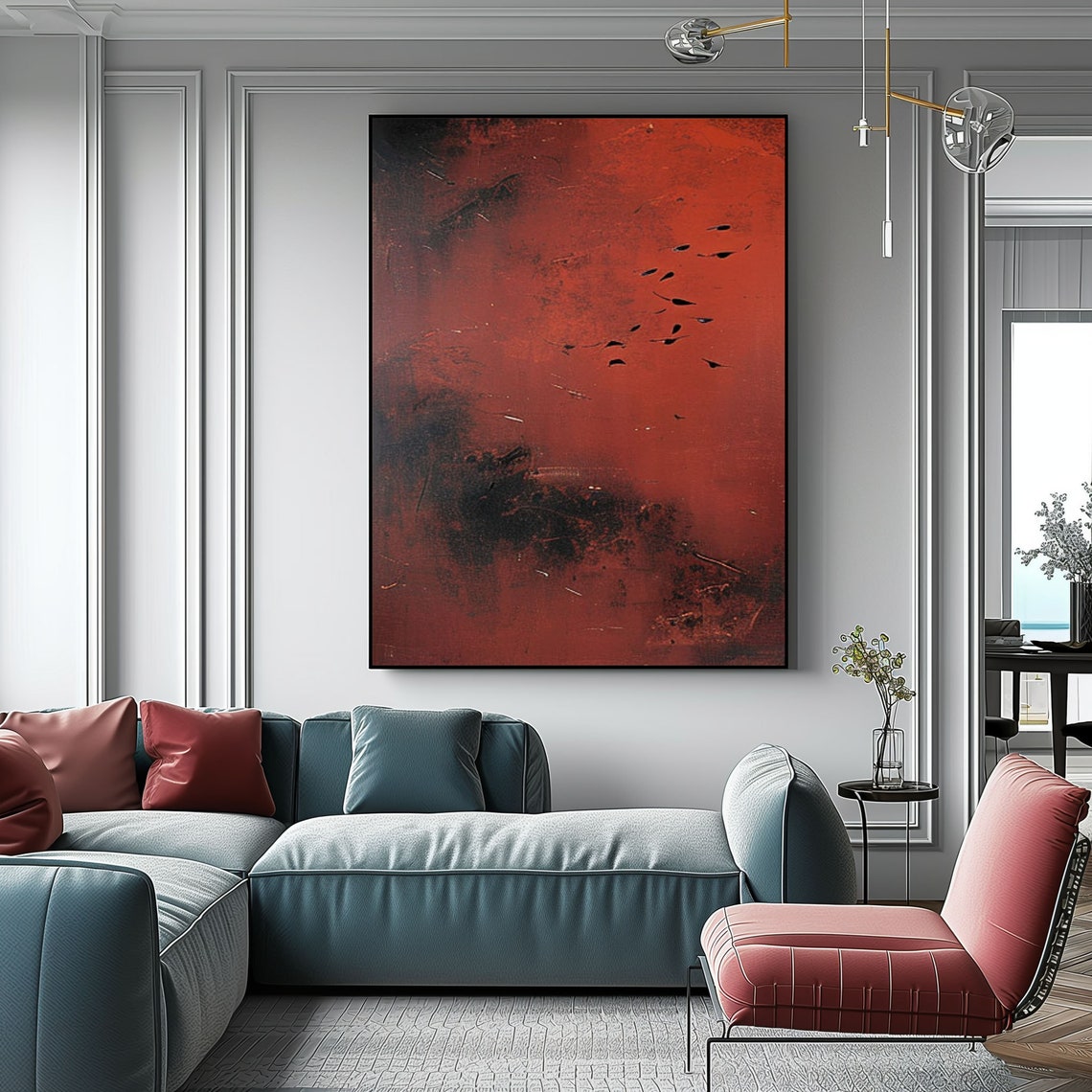 Crimson Red Sky Birds Abstract Textured Maximalist Art Poster - Image 2