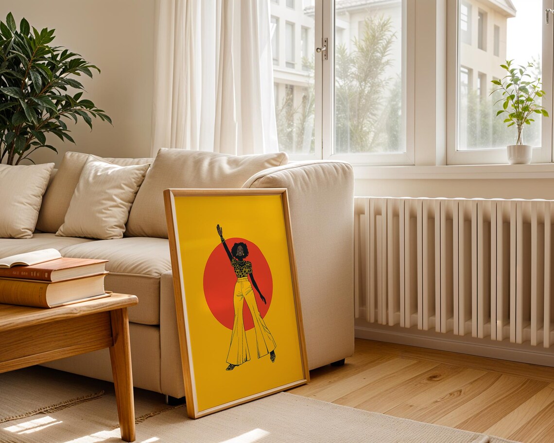 Retro 70s Dancing Woman In Yellow Disco Red Sun Fashion Poster - Image 3