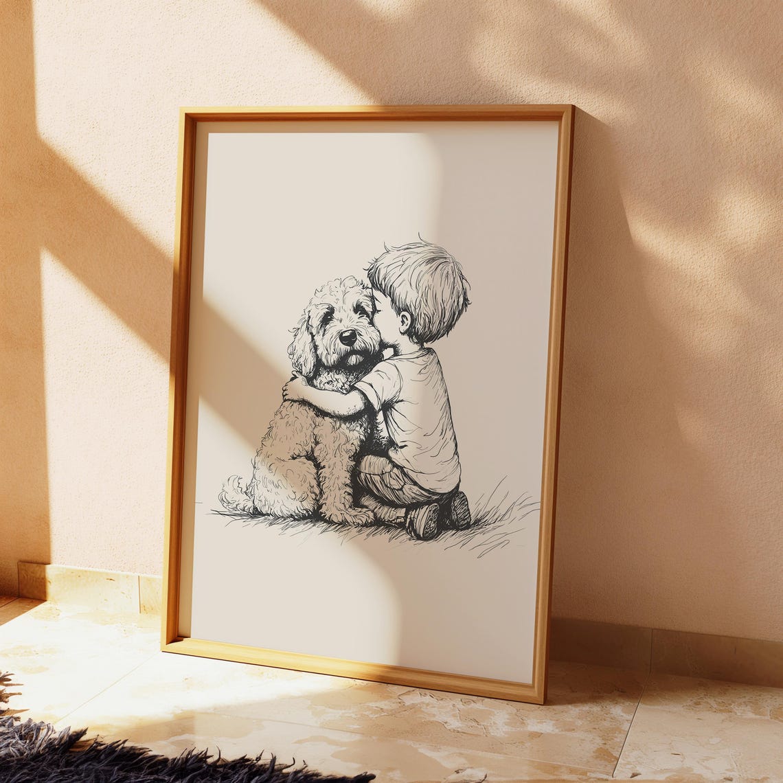 Boy With Goldendoodle Nursery Print Puppy Kids Room Art Dog Baby Nursery Vintage Poster Puppy Sketch Dog Boys Room Retro Drawing - Image 2