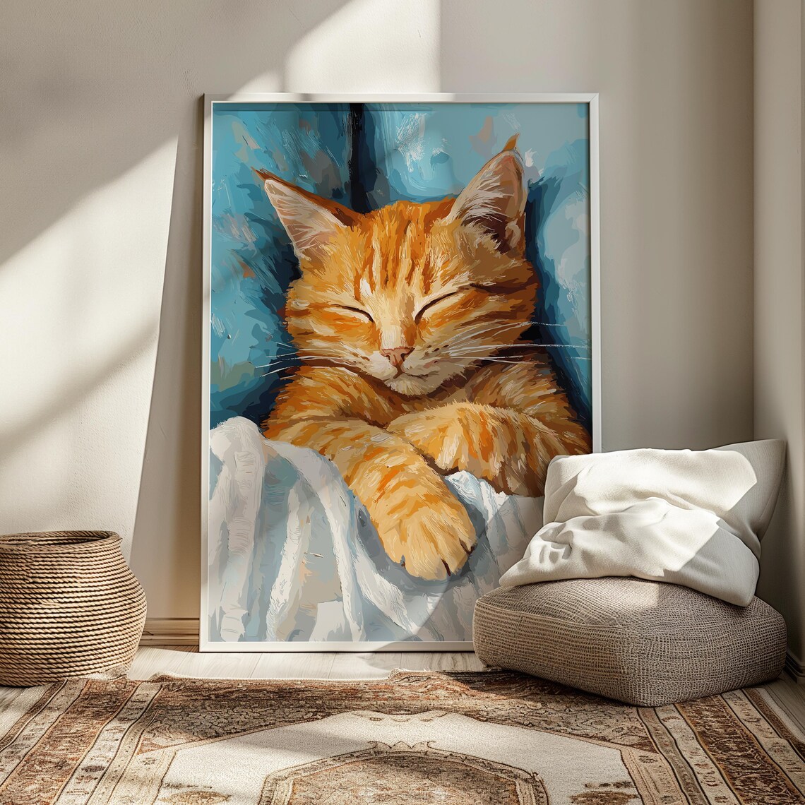 Sleeping Orange Tabby Cat Colorful Cozy Painting Cat Art Poster - Image 3