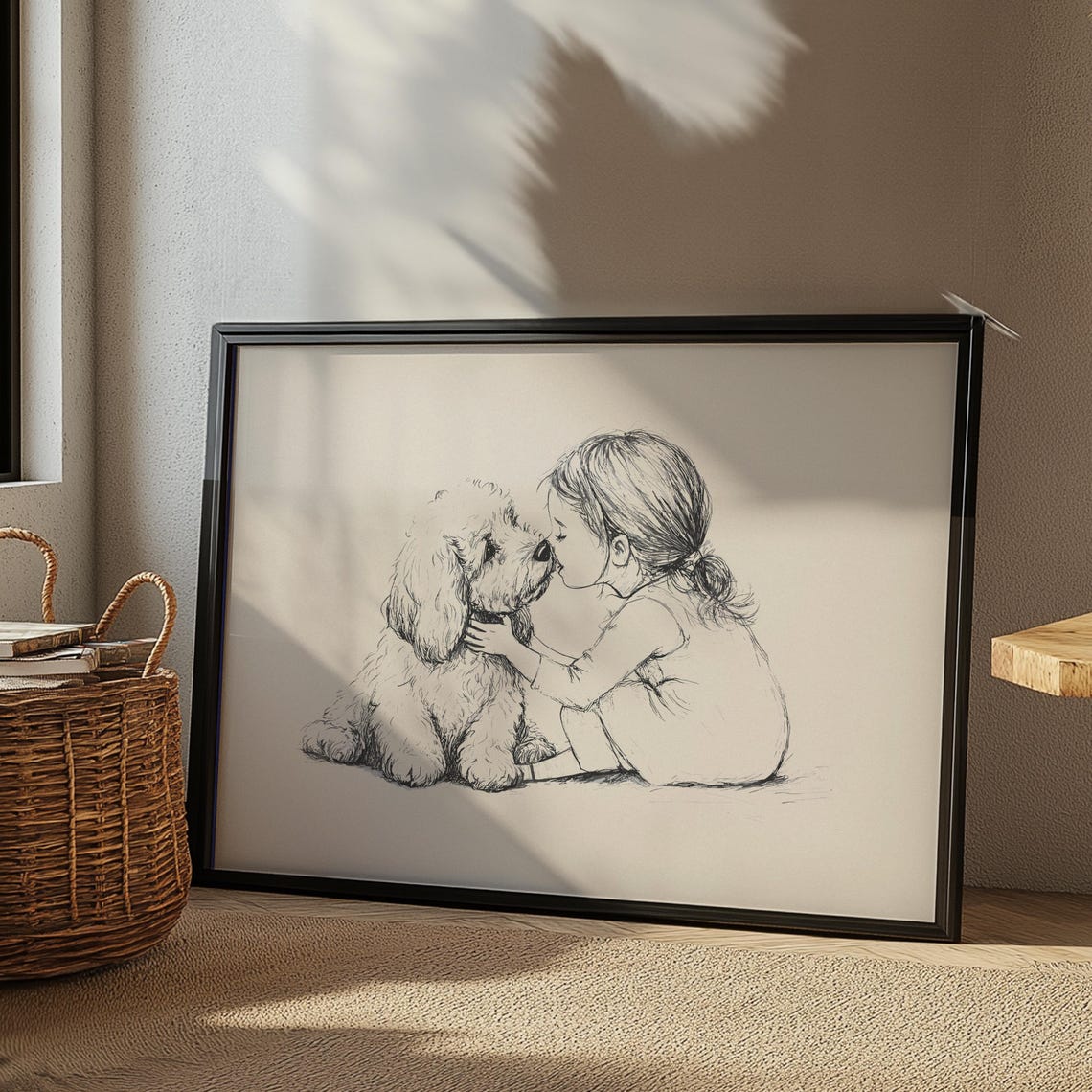 Girl And A Goldendoodle Print Dog Vintage Art Antique Vintage Painting Farmhouse Wall Decor Country Wall Art Dog Drawing Dog Wall Art - Image 2