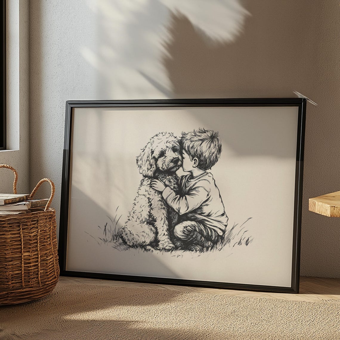 Nursery Boy And A Goldendoodle Print Dog Vintage Poster Retro Painting Farmhouse Wall Decor Country Wall Art Dog Drawing Dog Wall Art - Image 2