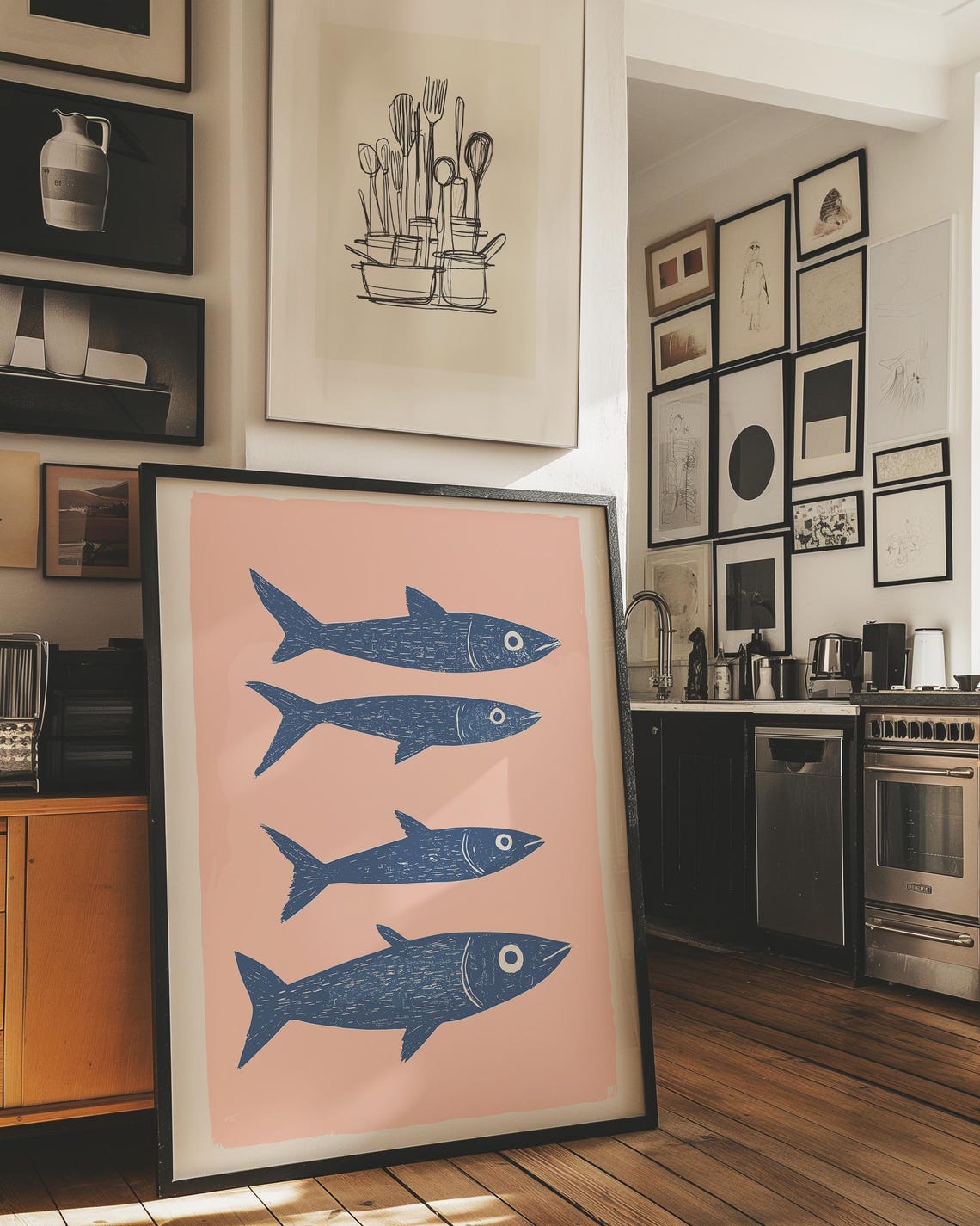 Trendy Blue Fish Print Mackerel Vintage Art Pink Wall Decor Farmhouse Poster Fish Art Kitchen Drawing Food Art Retro Kitchen Art - Image 3