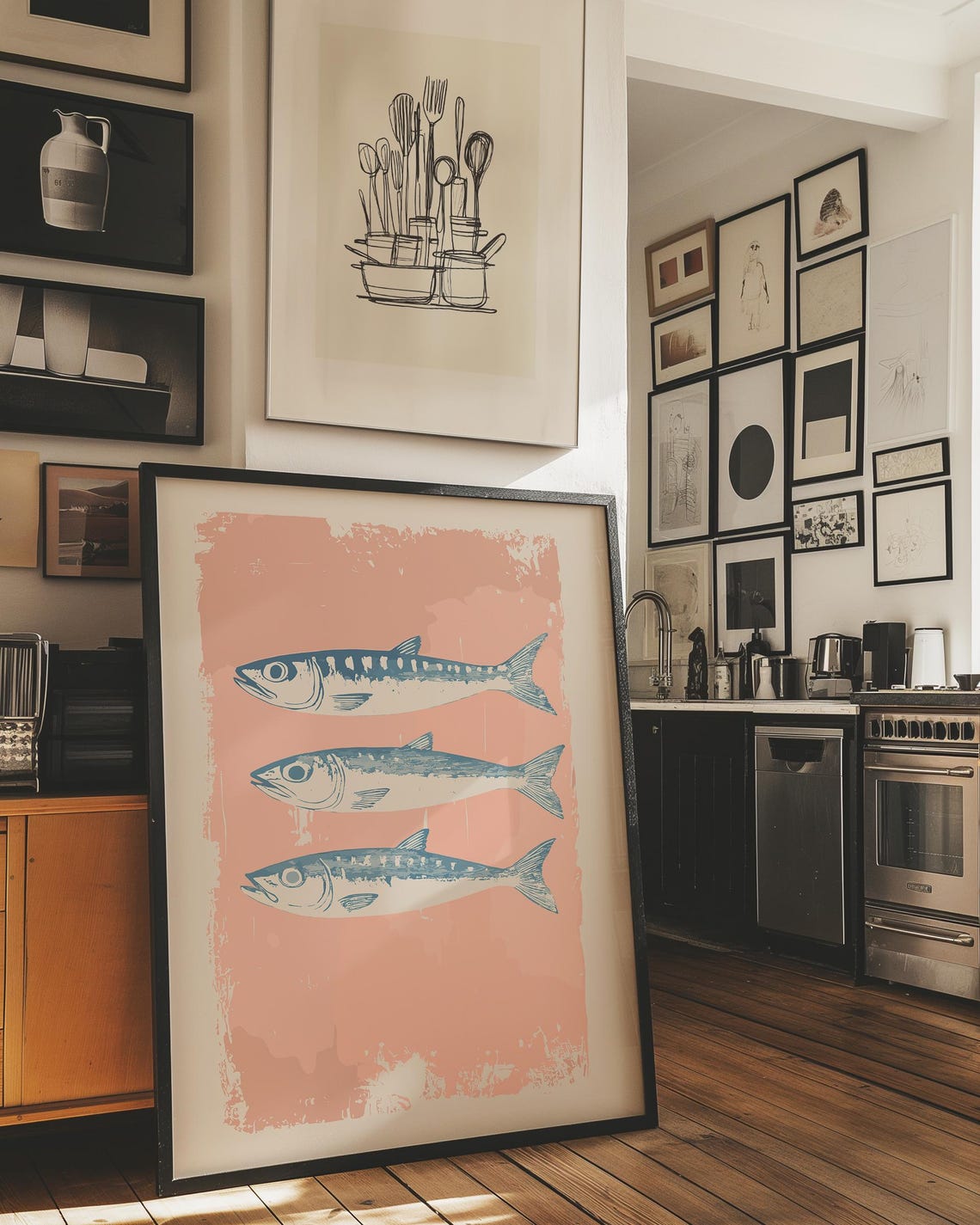 Japanese Poster Art Trendy Blue Fish Print Mackerel Vintage Pink Wall Decor Farmhouse Poster Kitchen Food Drawing Retro Kitchen Art - Image 3