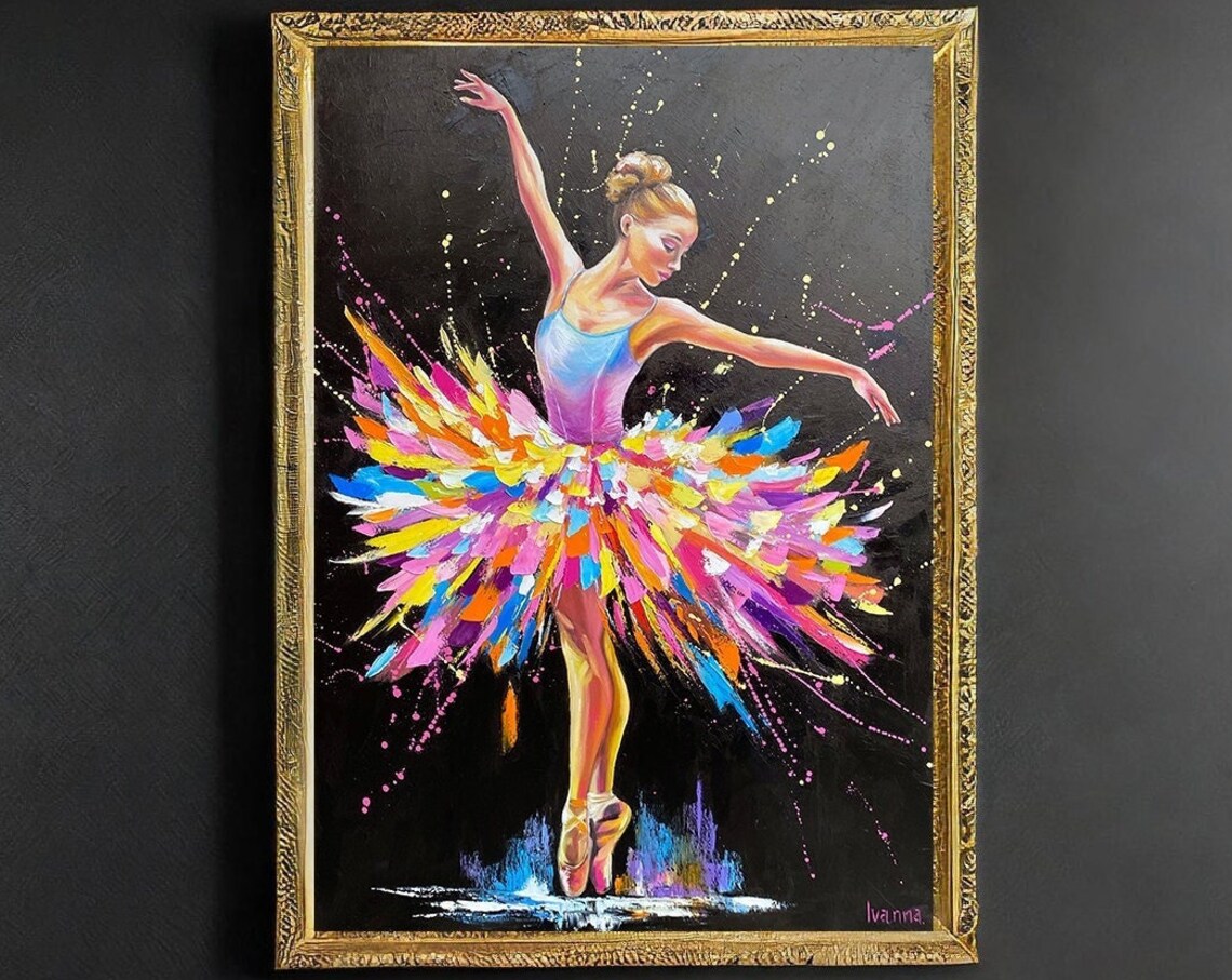 Ballerina Colorful Tutu Black Background Oil Painting Vivid Dancer Art Poster - Image 2