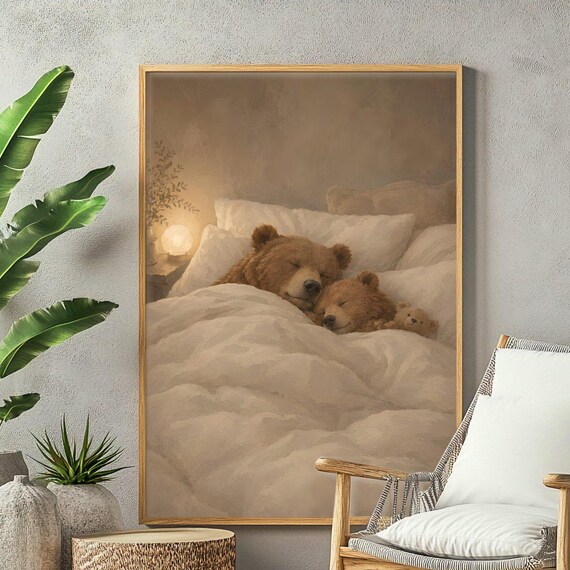 Sweet Sleeping Mama and Baby Bear Cozy Woodland Nursery Poster