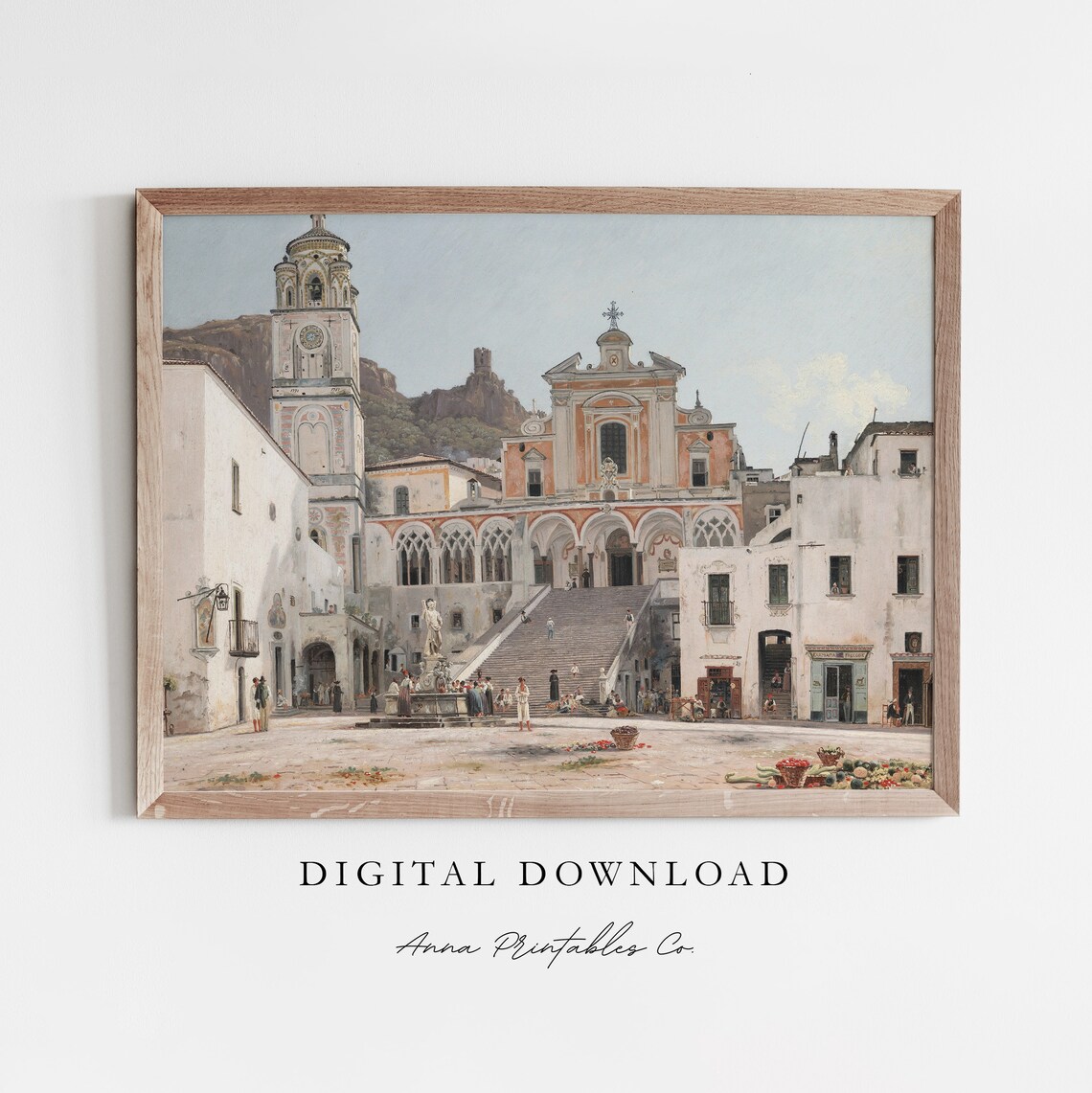 Amalfi Square Antique Italian Cathedral Cityscape Painting Poster